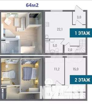 Таунхаус 64м², 2-этажный, участок 2 сот.  