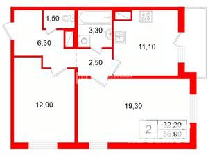 2-к квартира, на длительный срок, 57м2, 17/24 этаж