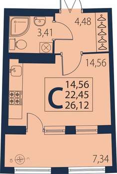 Студия квартира, на длительный срок, 26м2, 15/26 этаж