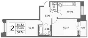 2-к квартира, на длительный срок, 55м2, 9/13 этаж