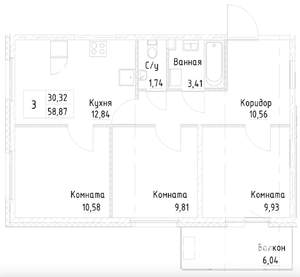 3-к квартира, на длительный срок, 59м2, 2/25 этаж
