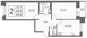 2-к квартира, на длительный срок, 62м2, 9/12 этаж