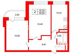 2-к квартира, на длительный срок, 55м2, 8/16 этаж