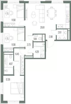 3-к квартира, строящийся дом, 91м2, 4/10 этаж