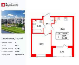 1-к квартира, вторичка, 32м2, 4/5 этаж