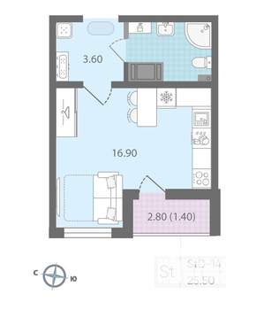 Студия квартира, строящийся дом, 26м2, 20/23 этаж