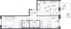 2-к квартира, вторичка, 64м2, 1/7 этаж