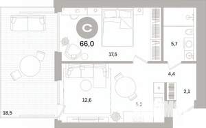 1-к квартира, вторичка, 66м2, 2/7 этаж