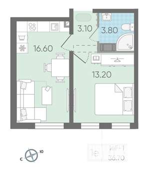1-к квартира, вторичка, 37м2, 20/25 этаж
