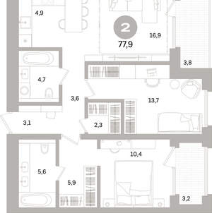 2-к квартира, вторичка, 78м2, 10/17 этаж