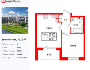 1-к квартира, вторичка, 32м2, 5/5 этаж