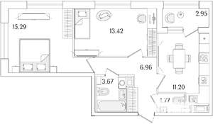 2-к квартира, строящийся дом, 54м2, 13/15 этаж