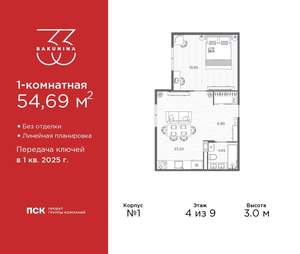 1-к квартира, вторичка, 55м2, 4/9 этаж