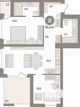 2-к квартира, вторичка, 77м2, 4/16 этаж