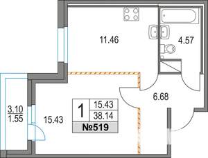 1-к квартира, строящийся дом, 38м2, 16/16 этаж