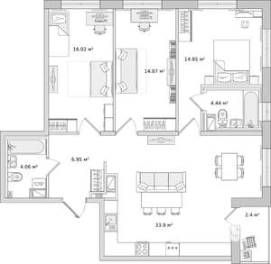 3-к квартира, вторичка, 95м2, 8/14 этаж