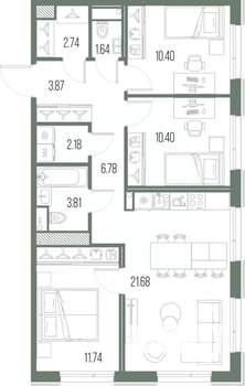 3-к квартира, строящийся дом, 75м2, 4/10 этаж
