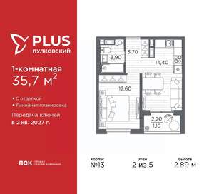 1-к квартира, вторичка, 36м2, 2/5 этаж