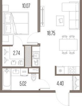 1-к квартира, строящийся дом, 41м2, 4/10 этаж