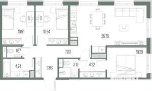 3-к квартира, строящийся дом, 84м2, 4/10 этаж