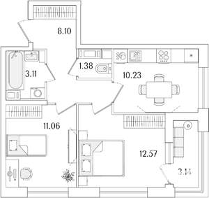 2-к квартира, строящийся дом, 48м2, 12/15 этаж