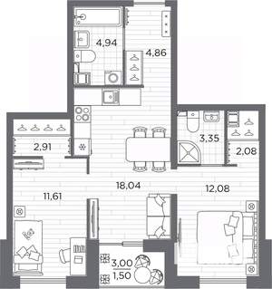 2-к квартира, вторичка, 61м2, 13/25 этаж