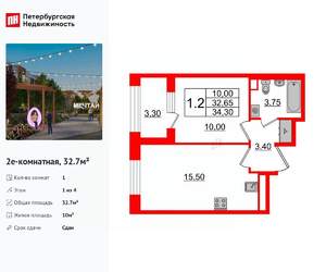 1-к квартира, вторичка, 33м2, 1/4 этаж