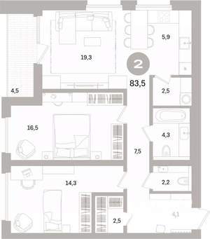 2-к квартира, вторичка, 84м2, 14/16 этаж