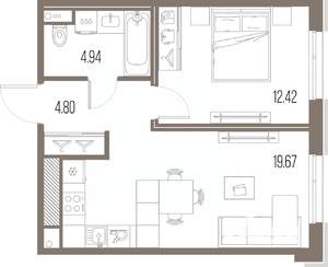 1-к квартира, строящийся дом, 42м2, 8/10 этаж