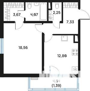1-к квартира, вторичка, 51м2, 5/9 этаж
