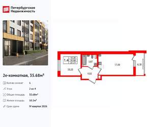 1-к квартира, вторичка, 36м2, 2/4 этаж