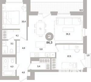 2-к квартира, вторичка, 86м2, 8/15 этаж