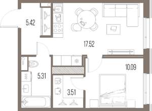 1-к квартира, строящийся дом, 42м2, 4/10 этаж