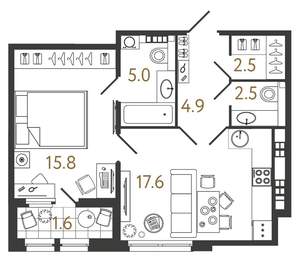 1-к квартира, вторичка, 48м2, 5/9 этаж