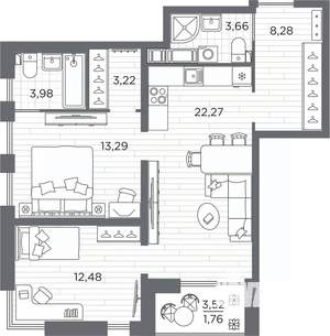 2-к квартира, вторичка, 69м2, 14/25 этаж