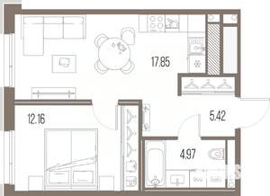 1-к квартира, строящийся дом, 40м2, 6/10 этаж