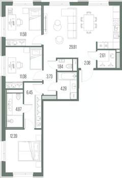 3-к квартира, строящийся дом, 91м2, 5/10 этаж