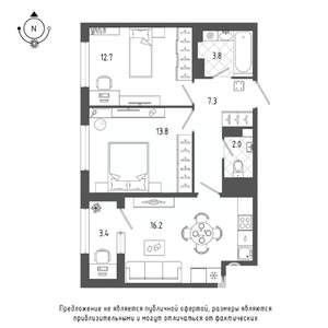 2-к квартира, строящийся дом, 57м2, 18/18 этаж