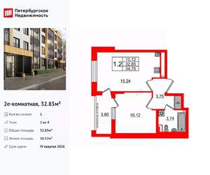 1-к квартира, вторичка, 33м2, 2/4 этаж