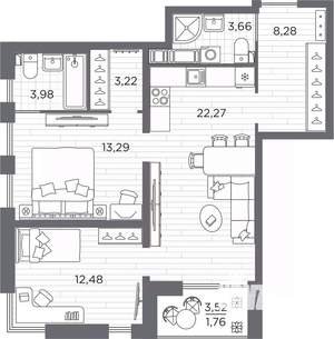 2-к квартира, вторичка, 69м2, 17/25 этаж