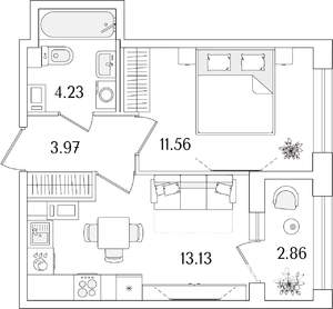 1-к квартира, строящийся дом, 34м2, 7/15 этаж
