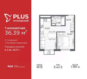 1-к квартира, вторичка, 36м2, 5/5 этаж