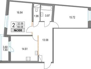 2-к квартира, строящийся дом, 67м2, 15/16 этаж