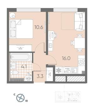 1-к квартира, вторичка, 34м2, 2/4 этаж