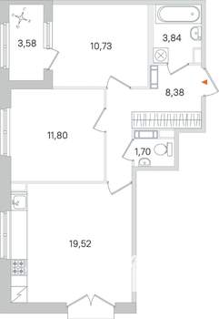 2-к квартира, вторичка, 58м2, 4/4 этаж