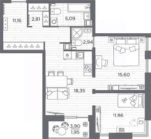 2-к квартира, вторичка, 69м2, 6/25 этаж