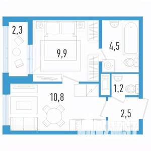 1-к квартира, строящийся дом, 30м2, 5/12 этаж