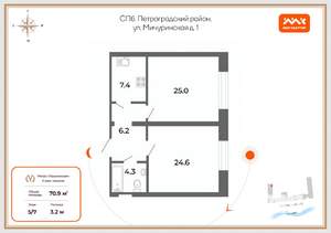 2-к квартира, вторичка, 71м2, 5/7 этаж