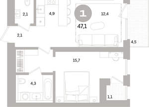 1-к квартира, вторичка, 47м2, 4/17 этаж