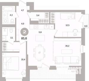 2-к квартира, вторичка, 86м2, 3/15 этаж